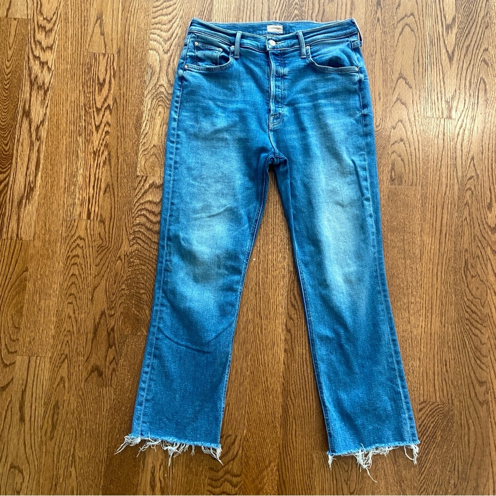 MOTHER Blue Frayed Hem Straight Jeans